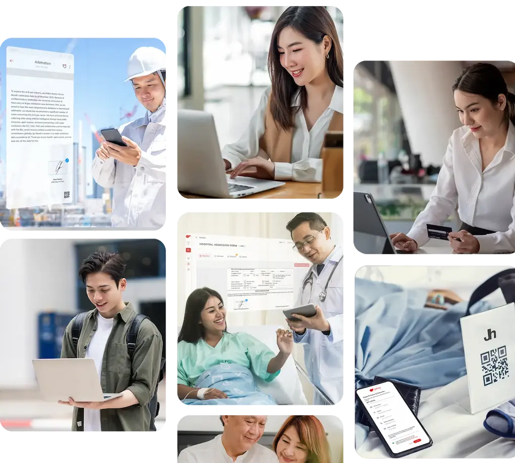 Collage of professionals signing and verifying documents digitally across industries